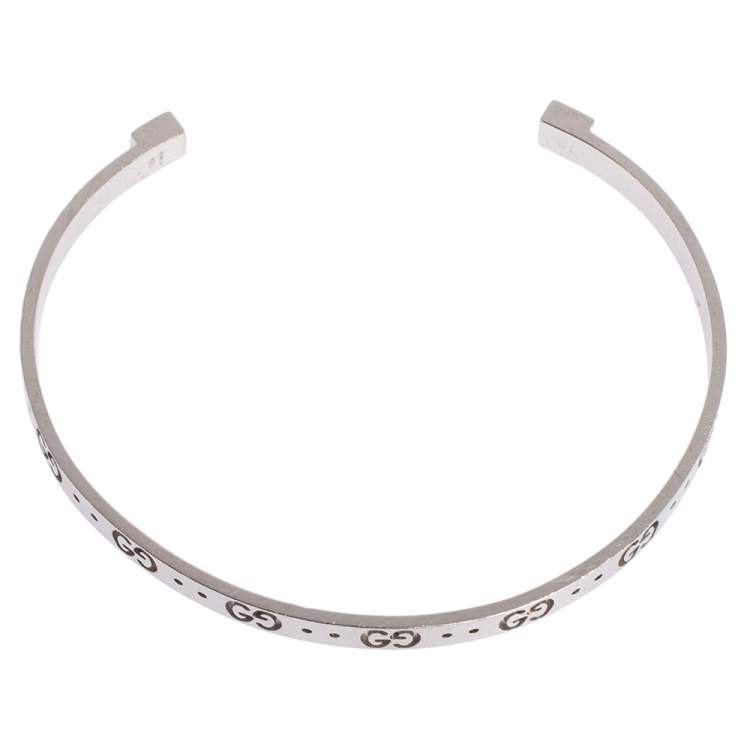 Pre Owned Gucci GG Motif 18K White Gold Narrow Open Cuff Bracelet 
