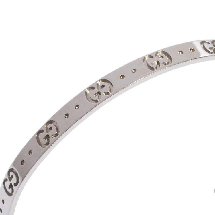 Pre Owned Gucci GG Motif 18K White Gold Narrow Open Cuff Bracelet 