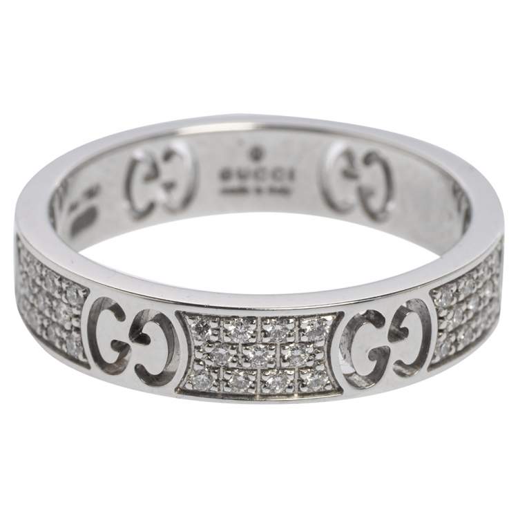 Pre Owned Gucci Icon Diamond 18k White Gold Band Ring Size 53