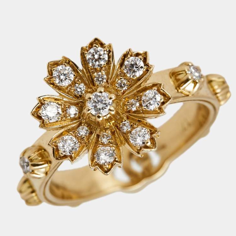 Pre Owned Gucci Flora Diamonds 18k Yellow Gold Ring Size 57