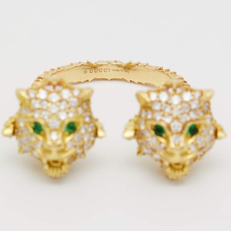Pre Owned Gucci Le Marché des Merveilles Diamonds Tsavorite Garnet 18k Yellow Gold Ring Size 56