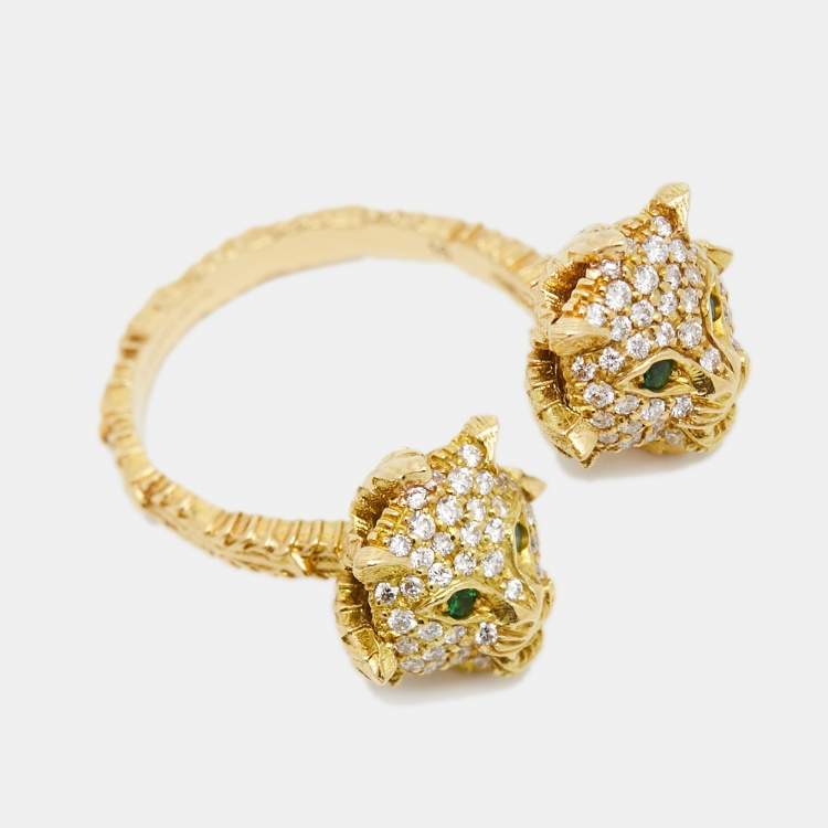 Pre Owned Gucci Le Marché des Merveilles Diamonds Tsavorite Garnet 18k Yellow Gold Ring Size 56