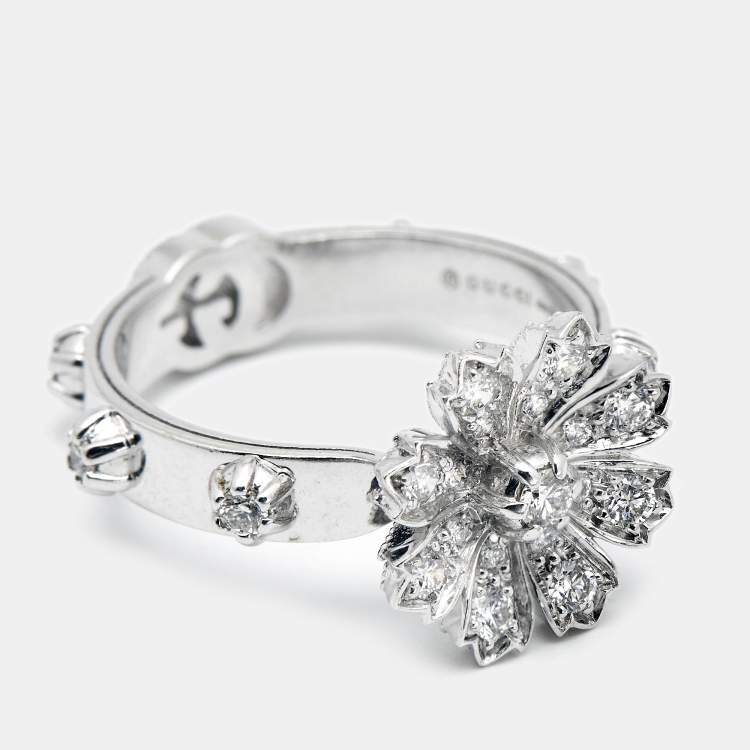 Pre Owned Gucci Flora Diamonds 18k White Gold Ring Size 57