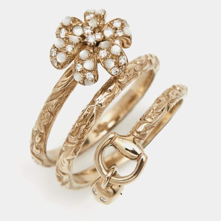 Pre Owned Gucci Flora Diamond Moonstone 18K Rose Gold Textured Wrap Charm Ring Size 54