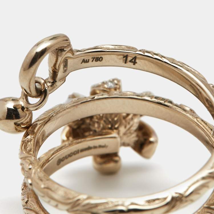 Pre Owned Gucci Flora Diamond Moonstone 18K Rose Gold Textured Wrap Charm Ring Size 54
