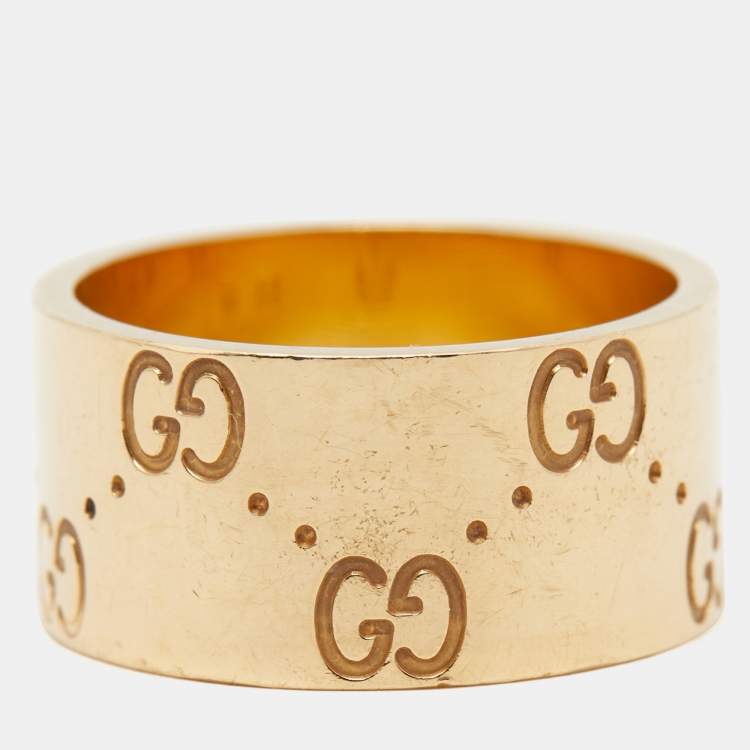 Pre Owned Gucci Icon 18K Yellow Gold Hammered Wide Band Ring Size 49