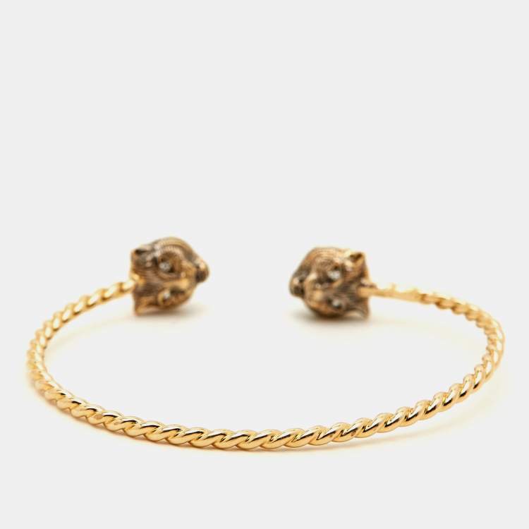 Pre Owned Gucci Marche des Merveilles Feline Diamond Aquamarine Pink Tourmaline 18K Yellow Gold Cuff Bracelet 16