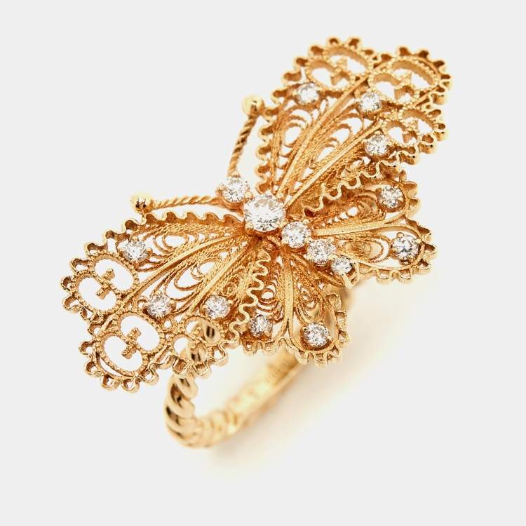 Pre Owned Gucci Le Marche des Merveilles Diamonds 18k Yellow Gold Ring Size 52
