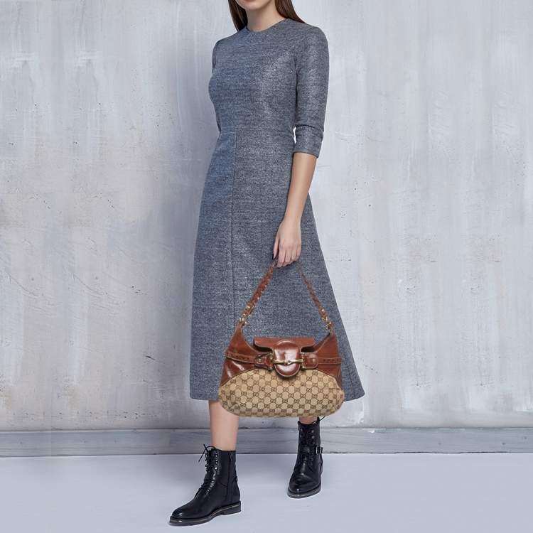 Pre Owned Gucci Brown/Beige GG Canvas and Leather Horsebit Flap Hobo