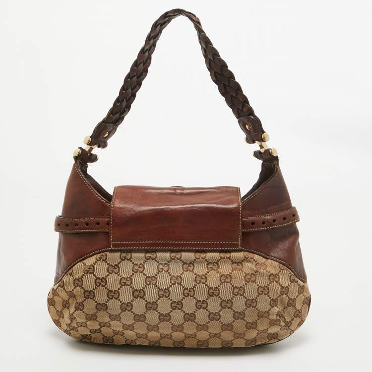 Pre Owned Gucci Brown/Beige GG Canvas and Leather Horsebit Flap Hobo