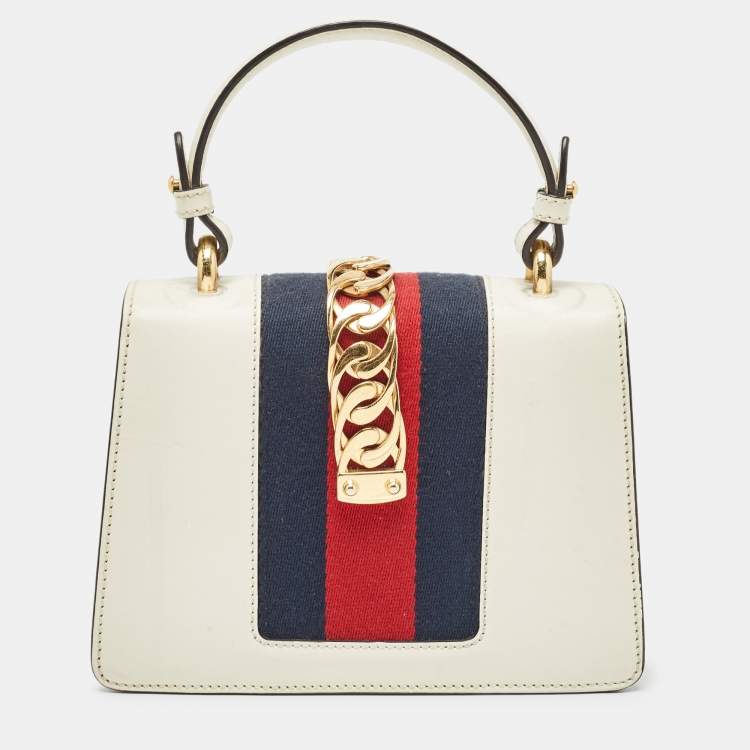 Pre Owned Gucci Off White Leather Mini Floral Patch Sylvie Top Handle Bag