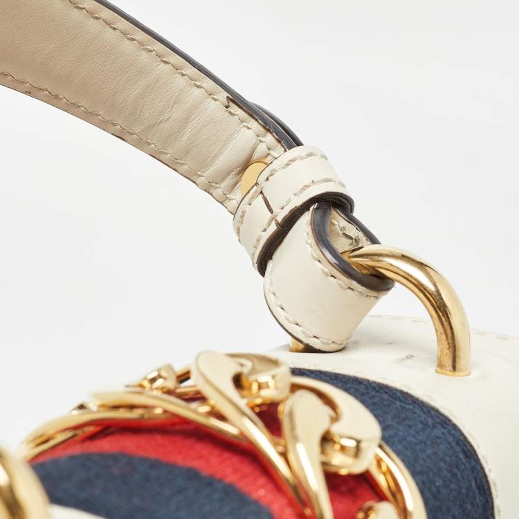 Pre Owned Gucci White Leather Mini Web Sylvie Top Handle Bag