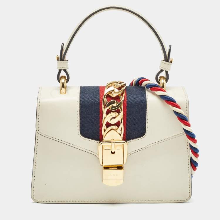 Pre Owned Gucci White Leather Mini Web Sylvie Top Handle Bag