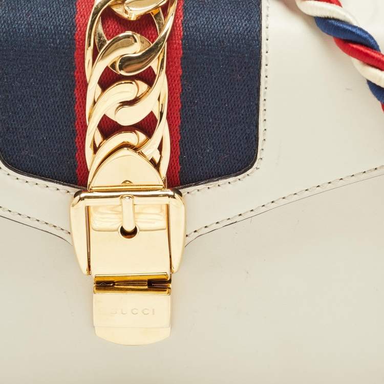 Pre Owned Gucci White Leather Mini Web Sylvie Top Handle Bag
