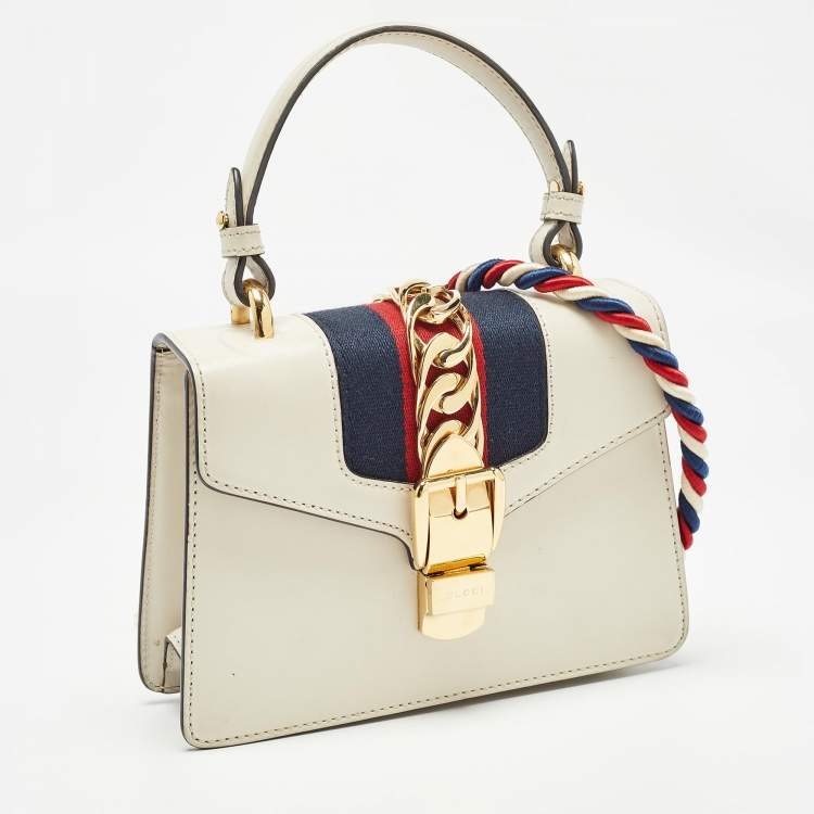 Pre Owned Gucci White Leather Mini Web Sylvie Top Handle Bag