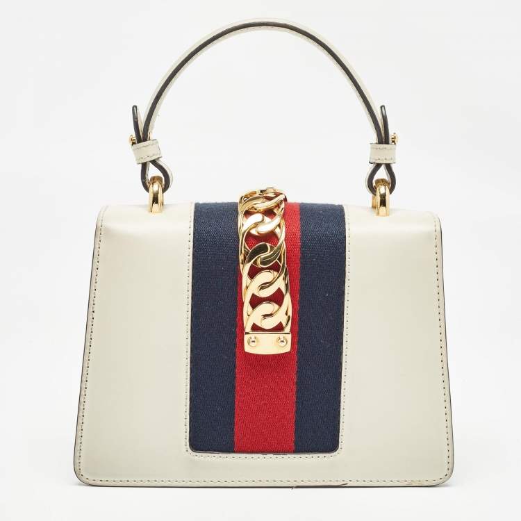 Pre Owned Gucci White Leather Mini Web Sylvie Top Handle Bag