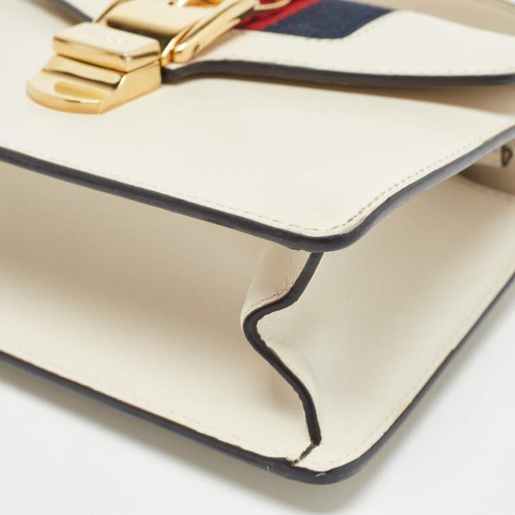 Pre Owned Gucci White Leather Mini Web Sylvie Top Handle Bag