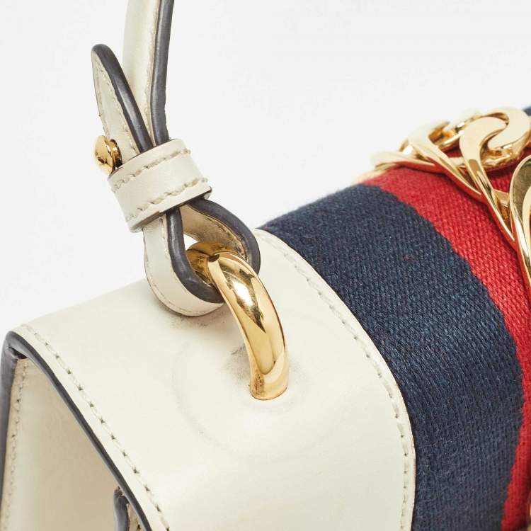 Pre Owned Gucci White Leather Mini Web Sylvie Top Handle Bag