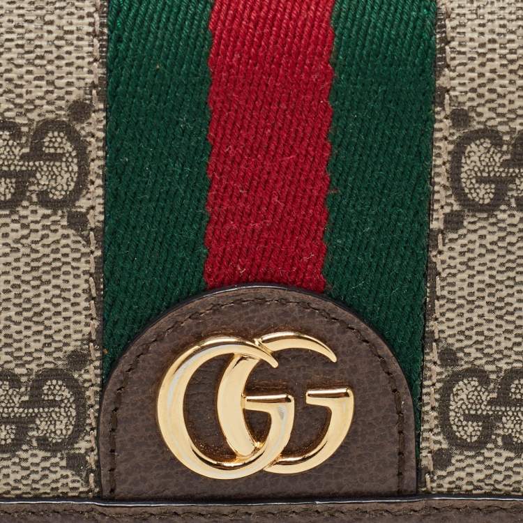Pre Owned Gucci Brown GG Supreme Canvas and Leather Web Ophidia Card Case 