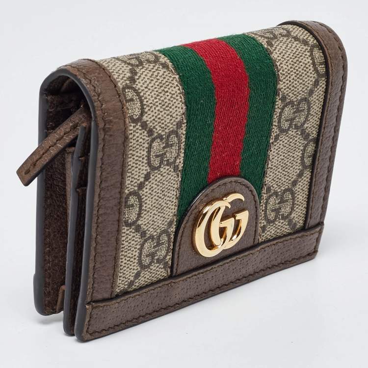 Pre Owned Gucci Brown GG Supreme Canvas and Leather Web Ophidia Card Case 