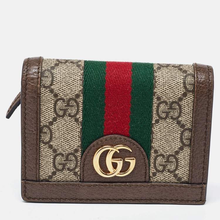 Pre Owned Gucci Brown GG Supreme Canvas and Leather Web Ophidia Card Case 