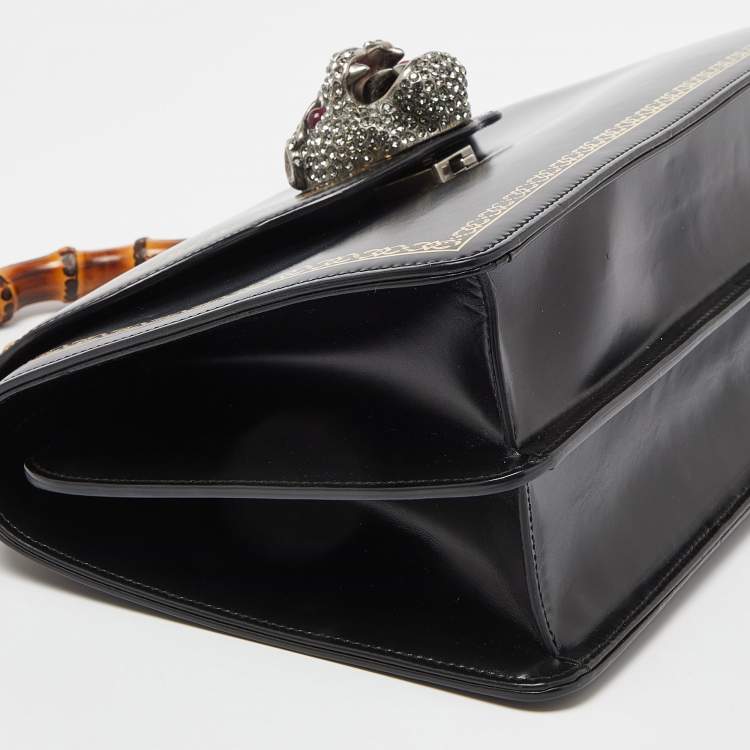 Pre Owned Gucci Black Leather Medium Thiara Lisse Cornice Crystal Bamboo Top Handle Bag