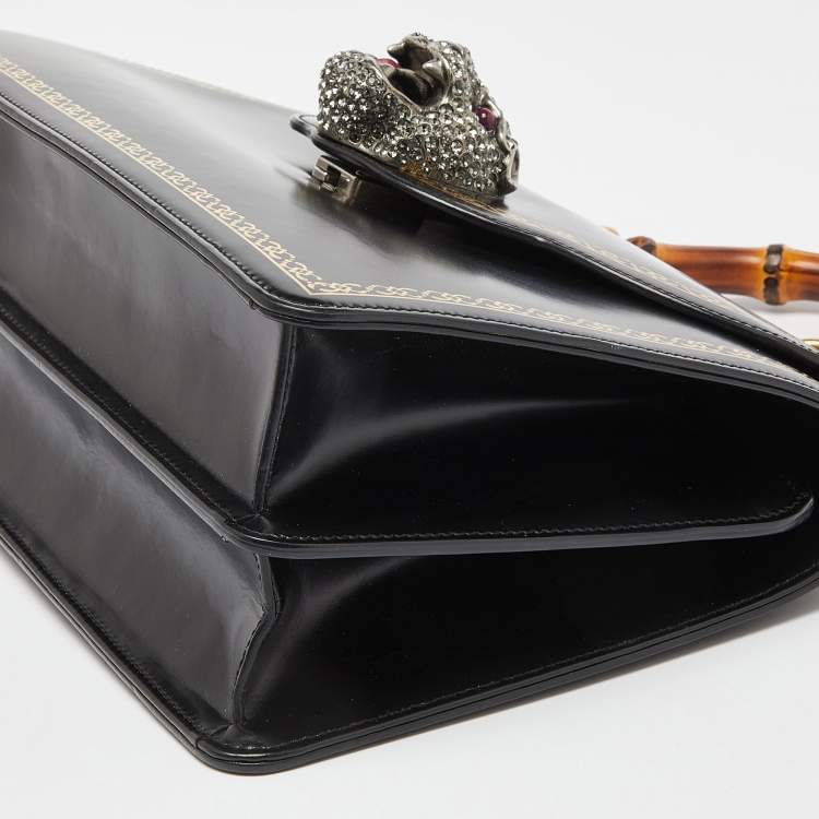 Pre Owned Gucci Black Leather Medium Thiara Lisse Cornice Crystal Bamboo Top Handle Bag