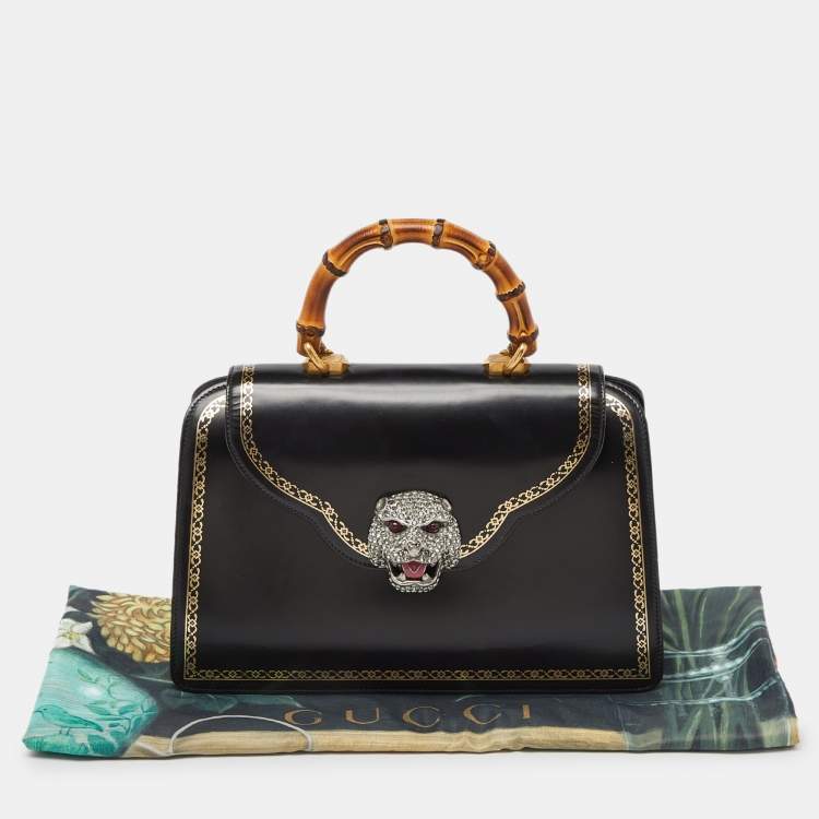 Pre Owned Gucci Black Leather Medium Thiara Lisse Cornice Crystal Bamboo Top Handle Bag