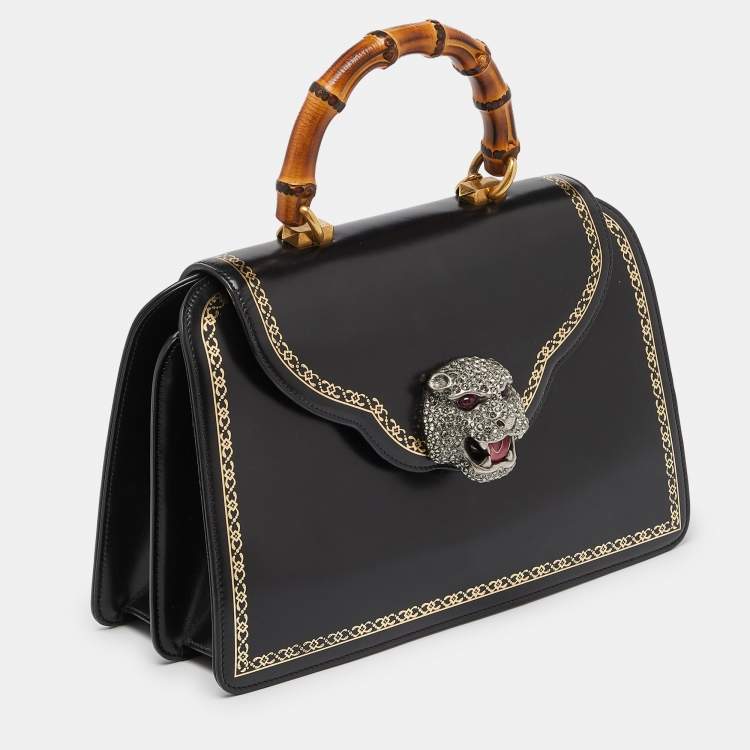 Pre Owned Gucci Black Leather Medium Thiara Lisse Cornice Crystal Bamboo Top Handle Bag