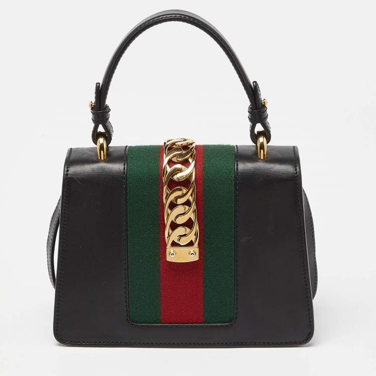 Pre Owned Gucci Black Leather Mini Web Chain Sylvie Top Handle Bag