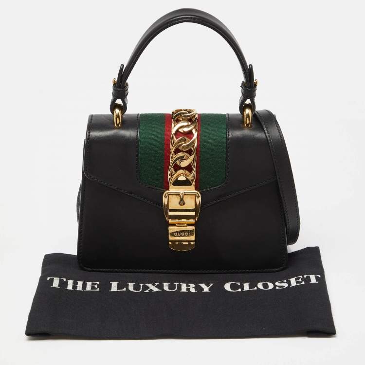 Pre Owned Gucci Black Leather Mini Web Chain Sylvie Top Handle Bag