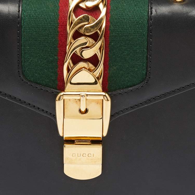 Pre Owned Gucci Black Leather Mini Web Chain Sylvie Top Handle Bag