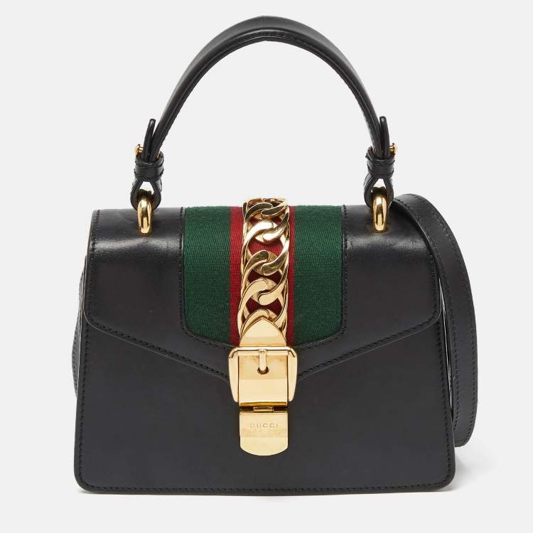 Pre Owned Gucci Black Leather Mini Web Chain Sylvie Top Handle Bag