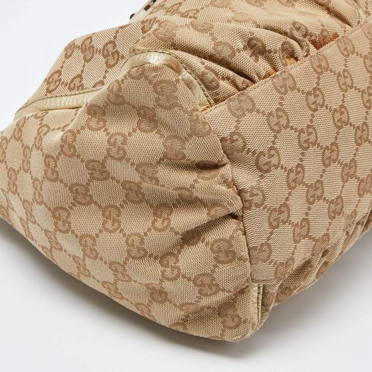 مملوكة مسبقًا Gucci Biege/Gold GG Canvas and Leather Large D Ring Hobo