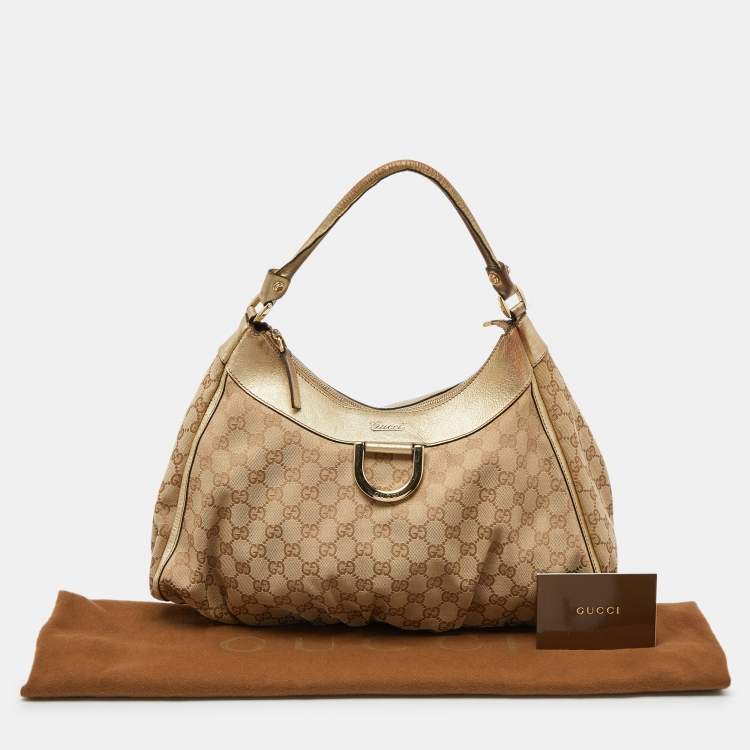 مملوكة مسبقًا Gucci Biege/Gold GG Canvas and Leather Large D Ring Hobo