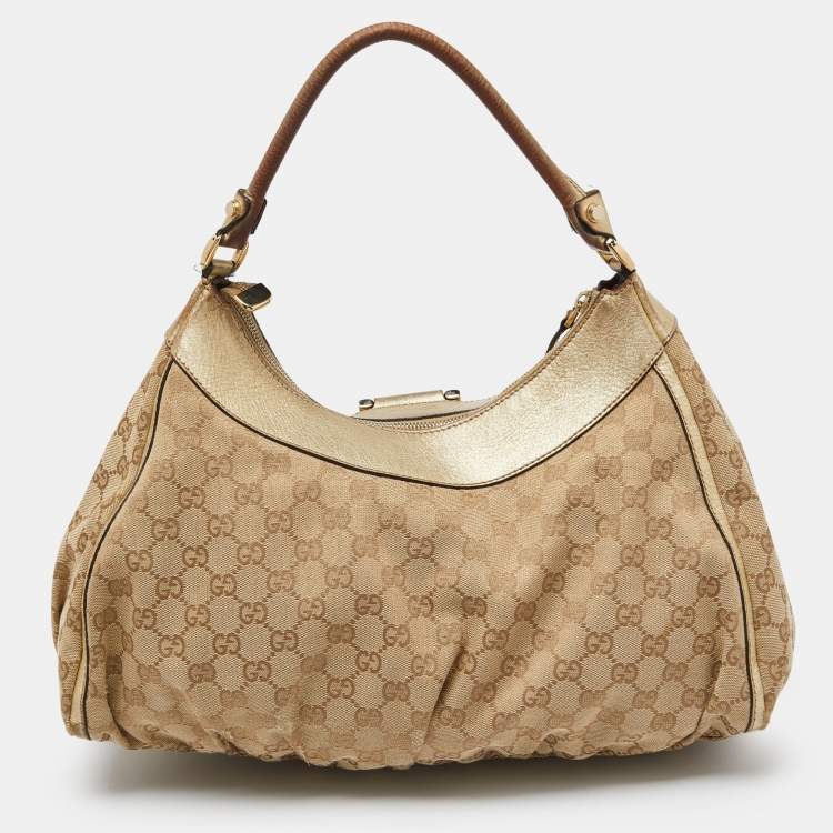 مملوكة مسبقًا Gucci Biege/Gold GG Canvas and Leather Large D Ring Hobo