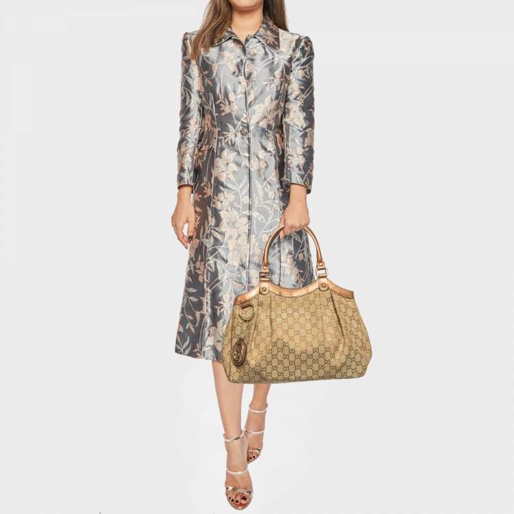 مملوكة مسبقًا Gucci Bronze/Beige GG Canvas and Leather Medium Sukey Tote