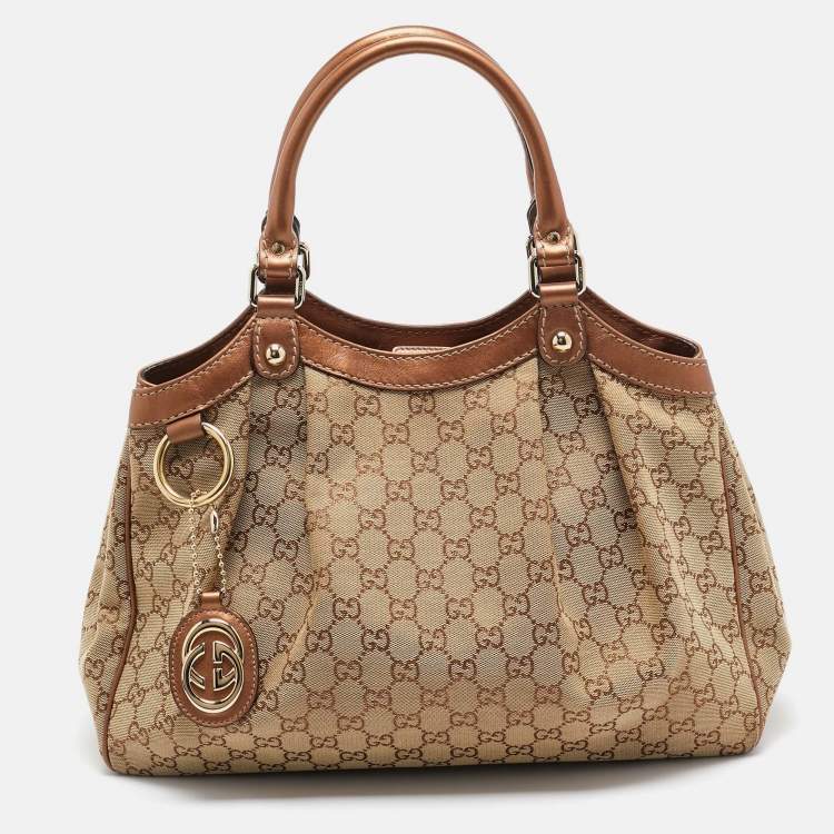 مملوكة مسبقًا Gucci Bronze/Beige GG Canvas and Leather Medium Sukey Tote