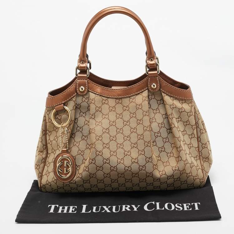 مملوكة مسبقًا Gucci Bronze/Beige GG Canvas and Leather Medium Sukey Tote