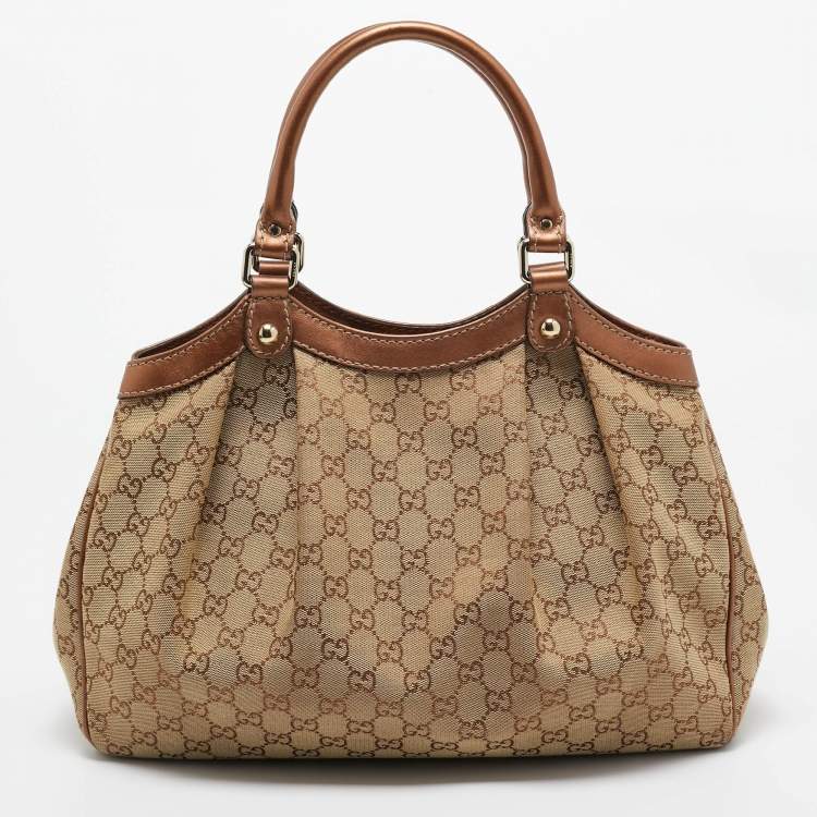 مملوكة مسبقًا Gucci Bronze/Beige GG Canvas and Leather Medium Sukey Tote