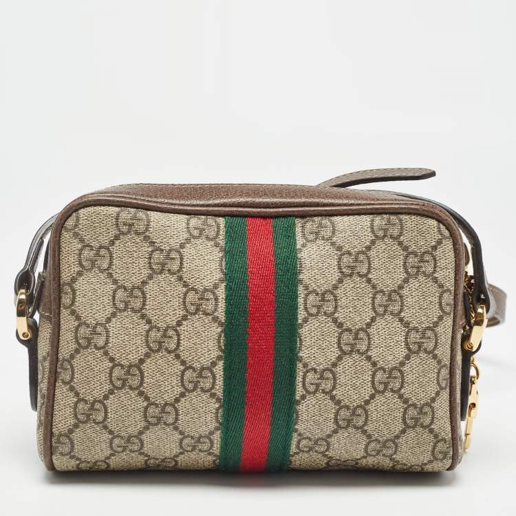 Pre Owned Gucci Beige/Brown GG Supreme Canvas and Leather Mini Ophidia Crossbody Bag