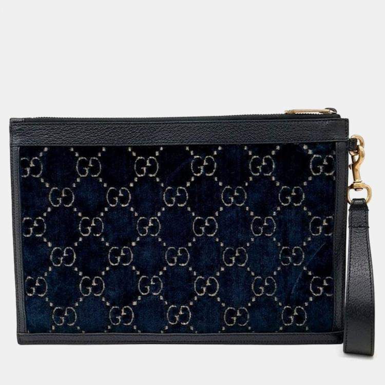 Pre Owned Gucci Blue/Black Velvet GG Monogram Textured Calfskin Web Ophidia Wristlet