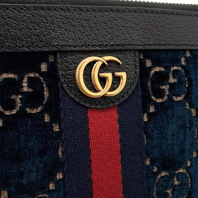 Pre Owned Gucci Blue/Black Velvet GG Monogram Textured Calfskin Web Ophidia Wristlet
