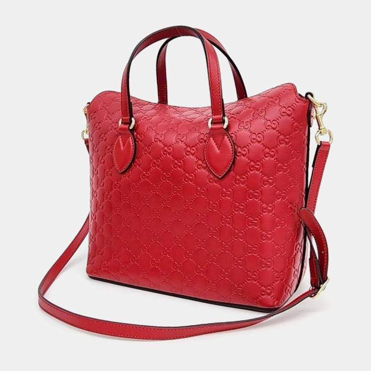 Pre Owned Gucci Red Leather Medium Guccissima Top Handle Bag