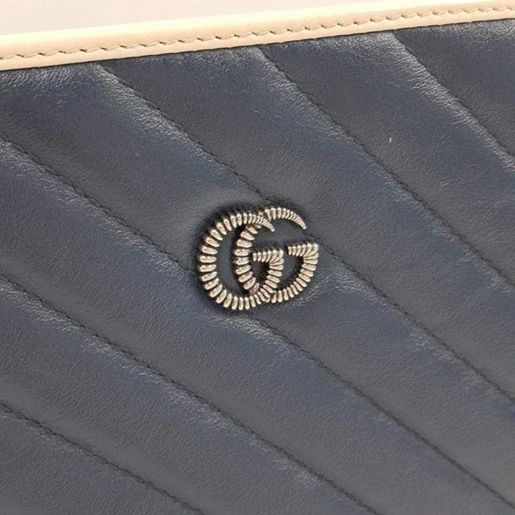 Pre Owned Gucci Blue Diagonal Quilted Leather Medium GG Marmont Accordion Shoulder Bag 
