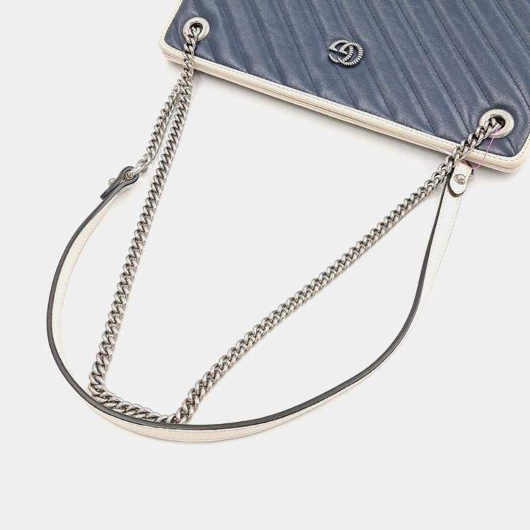 Pre Owned Gucci Blue Diagonal Quilted Leather Medium GG Marmont Accordion Shoulder Bag 