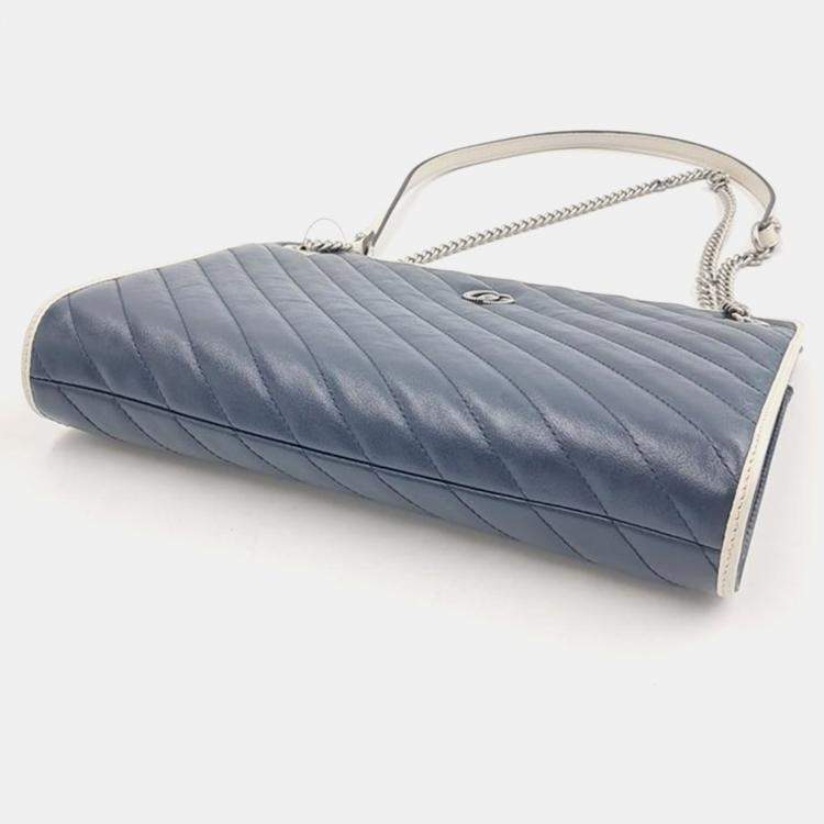 Pre Owned Gucci Blue Diagonal Quilted Leather Medium GG Marmont Accordion Shoulder Bag 