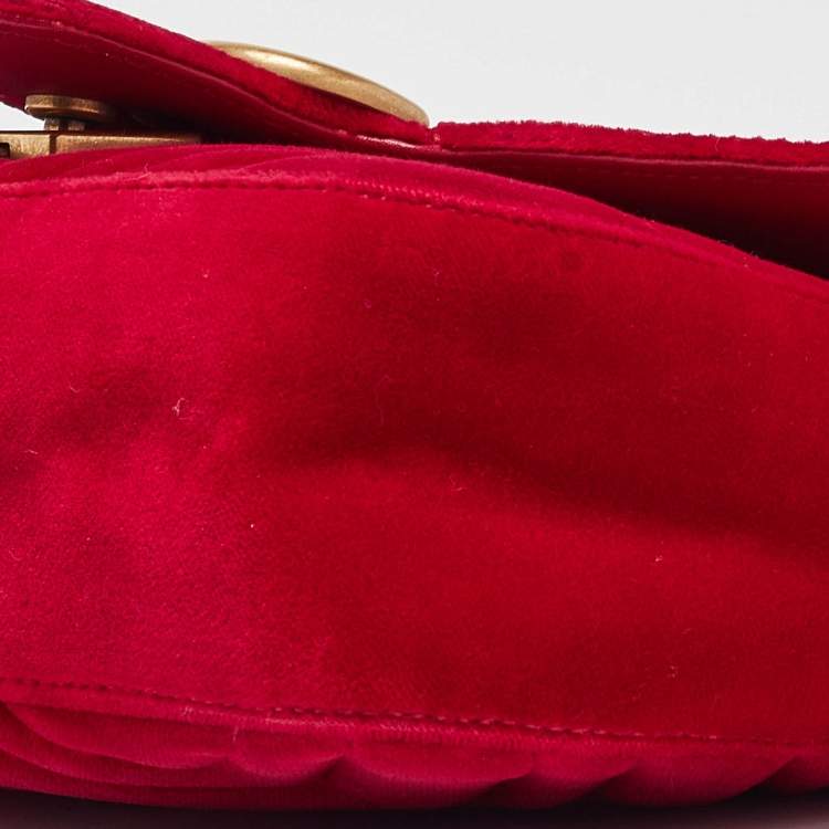 Pre Owned Gucci Red Matelasse Velvet Mini GG Marmont Shoulder Bag