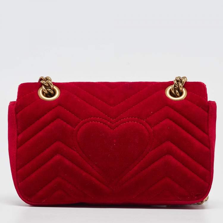 Pre Owned Gucci Red Matelasse Velvet Mini GG Marmont Shoulder Bag