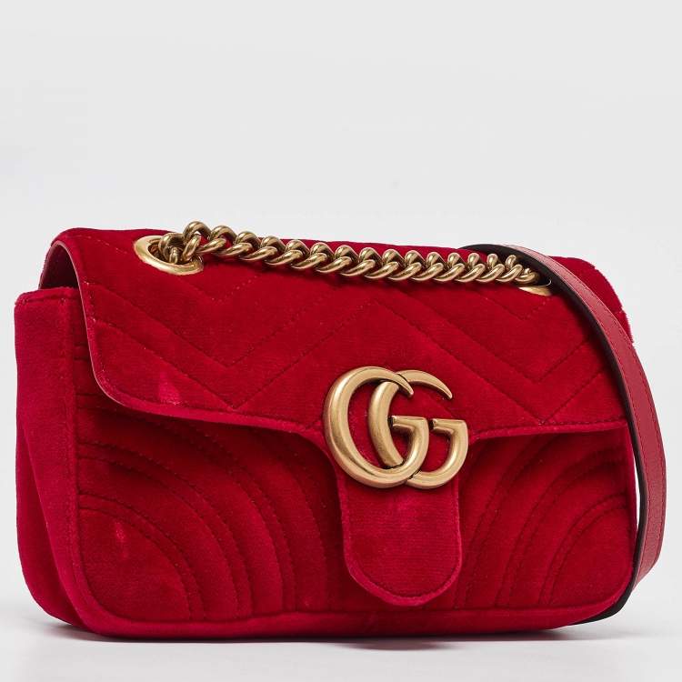 Pre Owned Gucci Red Matelasse Velvet Mini GG Marmont Shoulder Bag